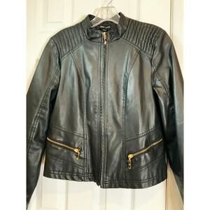 Stylish Vintage Faux Leather Moto Zip-up Jacket Size Large